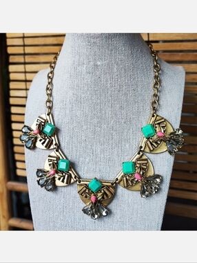 Stella and Dot Statement Heavy Brass Art Deco Style Statement Necklace Jade Pink